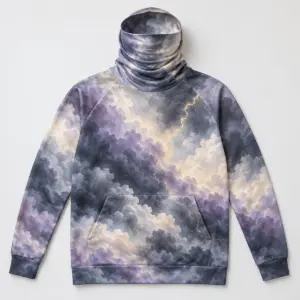Storm Cloud Gaiter Hoodie with soft storm clouds in slate, lavender and cream with a thin gold lightning line