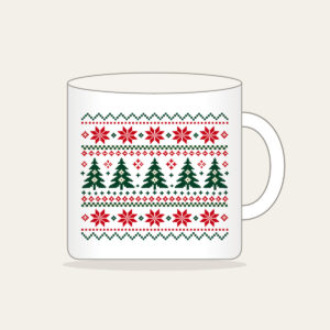 Fair Isle Pines and Stars in Red Mug in white: Knit-inspired rows of pines and stars in red, cream and green repeat in tidy bands.