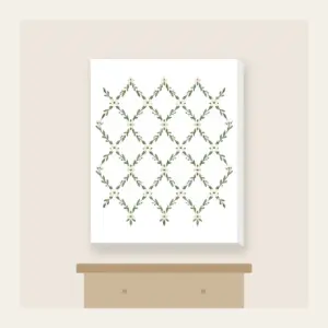 Sage Lattice Diamonds with Tiny Blossoms Canvas Print in white: A lattice of diamonds in sage and cream is dotted with tiny blossoms.