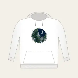 Moonlit Fern Fronds on Navy Hoodie in white: Silver and deep green fern fronds curl over navy beneath a small crescent moon.