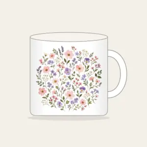 Pressed Posies in Blush and Lavender Mug in white: All-over pressed posies in blush, lavender and sage.