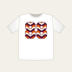 Plum Chevron Panels with Number 88 T-Shirt in white: Bold chevron panels in plum, burnt orange and cream, with the number “88” standing out in the middle.