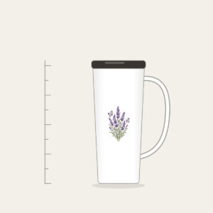 Lavender Stems and Two Butterflies Tumbler with Handle in white: Tall lavender stems rise beside two small butterflies in violet, cream and sage.