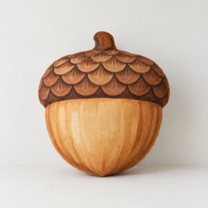Acorn Plush Pillow with an acorn shape in warm brown and tan with a flat printed cap pattern