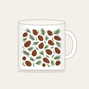 Scattered Pine Cones and Needles Mug in white: Pine cones and needles scatter in brown and green.