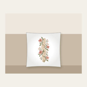 Cable Pattern Twined with Little Flowers Pillow in white: A flat cable pattern entwined with small flowers in oatmeal, sage and rose.