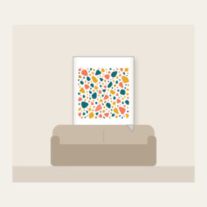 Coral, Teal and Mustard Terrazzo Pebbles Fleece Blanket in white: All-over terrazzo pebbles in coral, teal and mustard on a cream ground with clear breathing room.