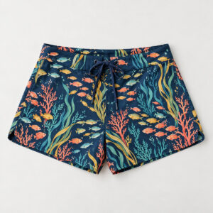 Tropical Fish Board Shorts with a school of small tropical fish and seaweed in coral, yellow and teal on navy