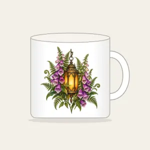 Lantern Among Foxgloves and Ferns Mug in white: A suspended lantern glows amber among violet foxgloves and green fern leaves on a pale stone ground.