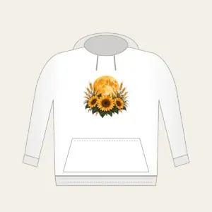 Harvest Moon over Sunflower Fields Hoodie in white: A large harvest moon rises over sunflower and wheat silhouettes in amber, deep green and cream.