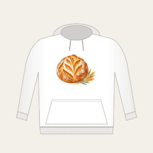 Sourdough Loaf and Wheat Sprig Hoodie in white: A round scored sourdough loaf with a small wheat sprig in golden brown, cream and sage.