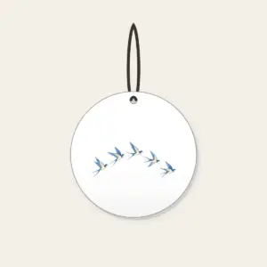 Five Swallows in a Gentle Arc Ceramic Ornament in white: Five swallows in cream and sky blue fly in an arc along a fine dotted trail.