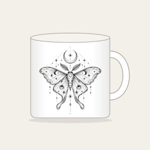 Moth, Stars and Crescent Moon Linework Mug in white: A fine-line moth rests among tiny stars and a crescent moon in black.