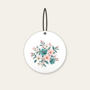 Teal Blossom Scatter Ceramic Ornament in white: Small blossoms in teal, white and pale pink scattered across a pale grey ground.