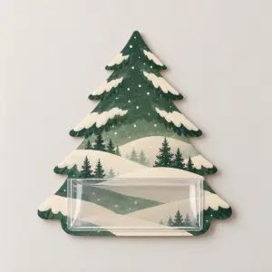 Pocket Pine Money Holder Card with card in a pine-tree shape with a transparent plastic money sleeve near the base and snowy hills in green and cream