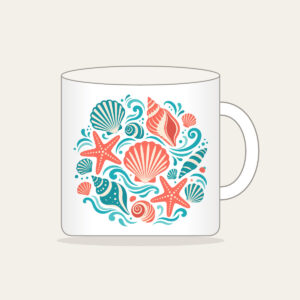 Shells, Starfish and Ripples Mug in white: Seashells, starfish and gentle ripples drift across the pattern in coral, teal and cream.