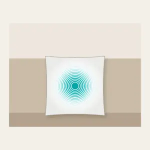 Teal Ripple Rings Fading to White Pillow in white: Concentric ripple lines spread in teal and thin out to white.