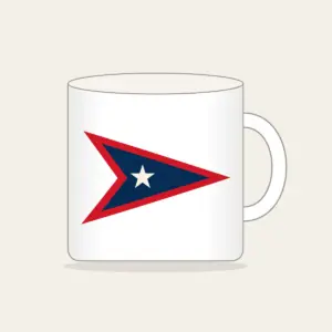Navy Pennant with Cream Star Mug in white: A three-point pennant in navy and red with one small cream star.