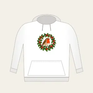 Robin in a Holly Wreath Hoodie in white: A robin perches in a holly wreath in red, brown and green.