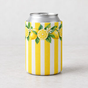 Lemonade Stand Can Cooler with vertical lemon yellow and white stripes with a ring of lemon slices and green leaves near the top