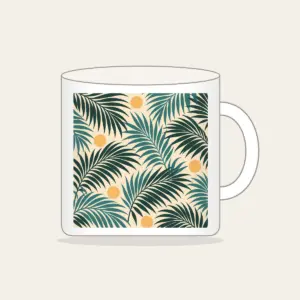 Palm Frond Shadows on Sand Mug in white: A repeat of palm frond shadows in teal and deep green on a sandy cream base, with small sun circles.