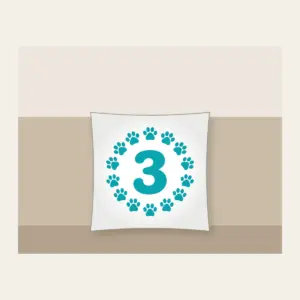Teal Paw Circle with Number Three Pillow in white: A ring of small white paw marks on teal circling the number “3”.