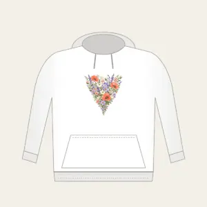 Wildflower Meadow in Coral and Lilac Hoodie in white: A single tall wildflower meadow in coral, lilac, green and cream narrows to a point at the lower edge.