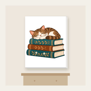 Cat Napping on Three Books Canvas Print in white: A cat curled up asleep on a stack of three books, in warm brown and teal.