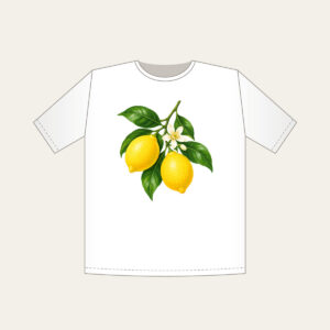 Lemon Branch in Blossom T-Shirt in white: A single lemon branch carries two lemons, glossy leaves and a small blossom in lemon yellow, leaf green and cream.