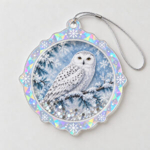 Snowy Owl Shaker Ornament with a snowy owl on a frosted branch in white, grey and ice blue