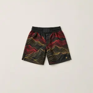 Ridgeback Elastic Waist Fight Shorts with all-over ridgeline stripes in black, crimson and gold with a small star near the hem