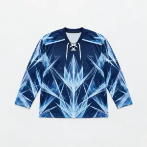 Frost Lines Yoke Hockey Jersey with frosted crystal lines in ice blue and white on a navy yoke and body