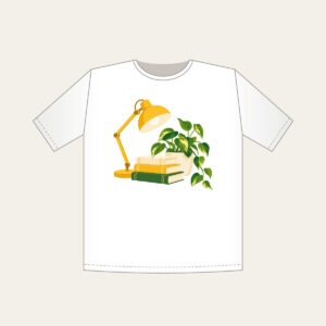 Lamplit Desk with Books and Fern T-Shirt in white: A warm yellow desk lamp glows beside a stack of books and a potted plant in cream and green.