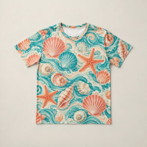 Tide Pool All-Over Unisex Tee with all-over shells, starfish and ripples in coral, teal and cream