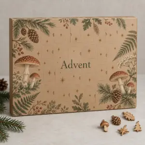 Kraft advent calendar box with pine cones and mushrooms and wood charms