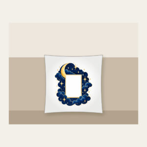 Starry Navy Sky with an Open Center Pillow in white: A deep-blue sky of tiny stars and a crescent surrounds an empty central rectangle.