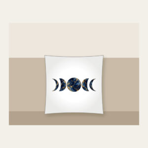 Gold-Veined Navy Marble with Moon Phases Pillow in white: A marbled navy field with gold veining and a row of five moon phases in the center.