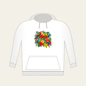 Parrots Among Red Hibiscus Hoodie in white: Parrots perch among hibiscus flowers in red, green and yellow.
