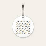 Trout Flies in Diagonal Rows Ceramic Ornament in white: Tiny trout flies lined up in diagonal rows in navy, gold and cream.