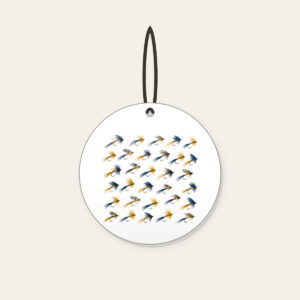 Trout Flies in Diagonal Rows Ceramic Ornament in white: Tiny trout flies lined up in diagonal rows in navy, gold and cream.