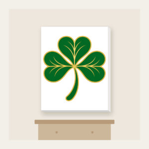 Gold-Edged Clover Leaf Canvas Print in white: A flat clover leaf in green and gold sits inside a thin border line.