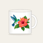 Hummingbird and Hibiscus Mug in white: A hummingbird beside a coral hibiscus flower with green leaves on a pale teal field.