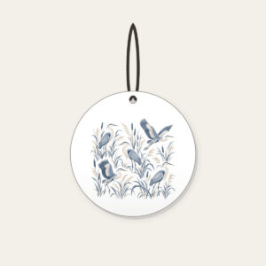 Herons and Reeds in Grey-Blue Ceramic Ornament in white: Herons stand among reeds in grey-blue and cream in an all-over pattern.
