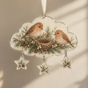 Cloud-shaped acrylic ornament printed with two birds and a nest, with a small cluster of star charms hanging below
