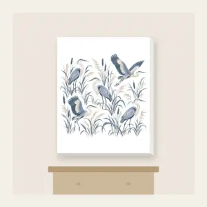 Herons and Reeds in Grey-Blue Canvas Print in white: Herons stand among reeds in grey-blue and cream in an all-over pattern.