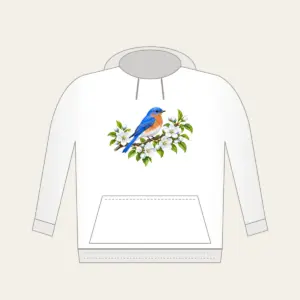 Bluebird on Blossoming Branch Hoodie in white: A bluebird perches on a blossoming branch in blue, white and green.