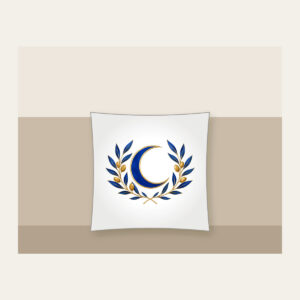 Crescent Moon and Olive Sprigs Pillow in white: A centered crescent moon is flanked by olive sprigs in cobalt and gold line art on white.