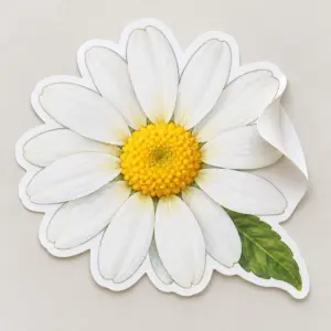 Pocket Daisy Kiss-Cut Sticker with daisy with a small leaf and a thin white border in white, yellow and green, White colourway