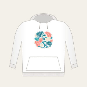 Palm Fronds and Wave Lines Hoodie in white: Palm fronds and flowing wave lines in teal, coral and cream.