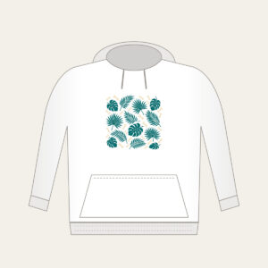 Palm Leaves and Little Bones Hoodie in white: Palm leaves and small bones in teal and cream, scattered all over.
